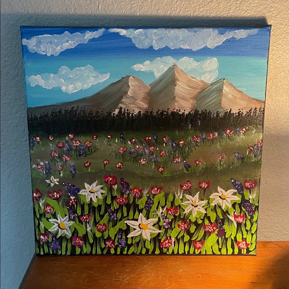 Hand painted Mountain Landscape Canvas Art with Floral Foreground